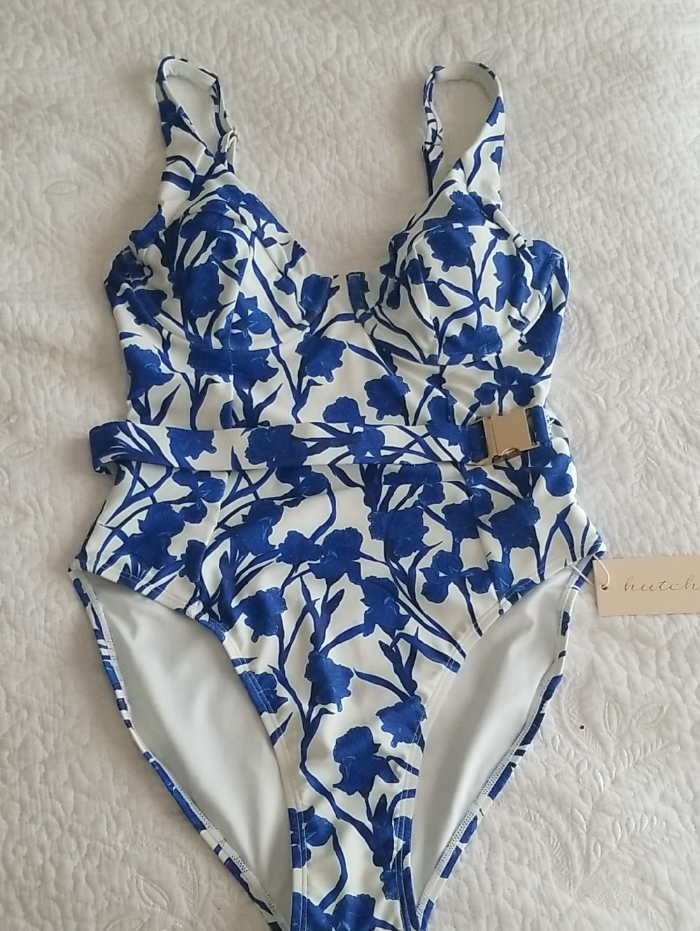 NEW! Hutch Blue and White Floral One-Piece Swimwear with Belt